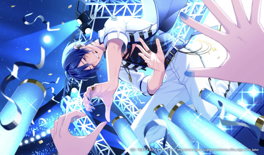 1boy, asymmetrical_sleeves, belt, black_shirt, blue_belt, blue_eyes, blue_hair, coat, commentary_request, concert, fingernails, full_moon, glowstick, grin, hatsune_miku_logic_paint_s, heart, heart_hands, heart_hands_duo, highres, jewelry, kaito, kneeling, leaning_forward, looking_at_viewer, meiko_(vocaloid), microphone, moon, multiple_others, necklace, night, nokuhashi, official_alternate_costume, official_art, open_clothes, open_coat, pants, ring, shirt, smile, star_(sky), streamers, three-quarter_sleeves, uneven_sleeves, vocaloid, wallpaper, white_coat, white_pants