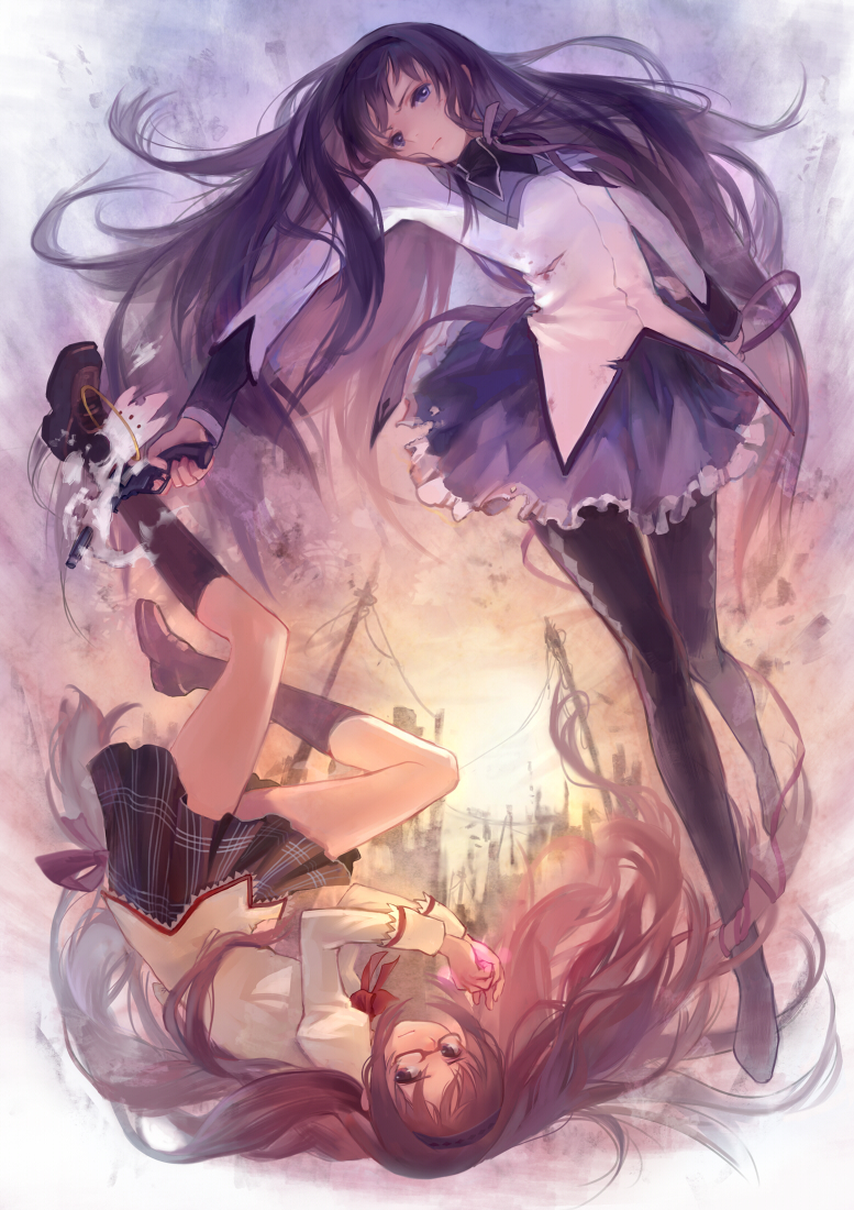 akemi_homura, black_hair, dual_persona, glasses, gun, hair_down, kyubey, legs