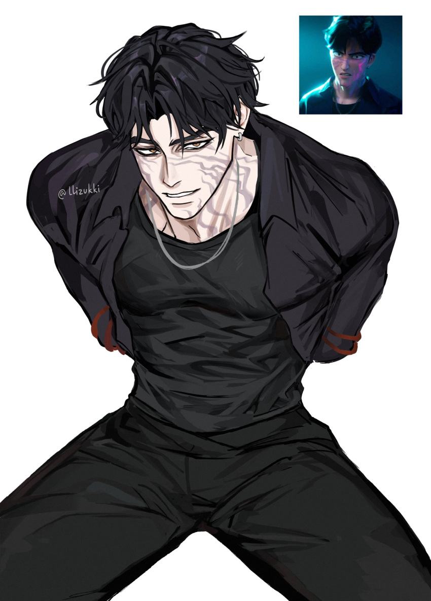 1boy, black_hair, black_jacket, black_pants, black_shirt, body_markings, earrings, hashtag-only_commentary