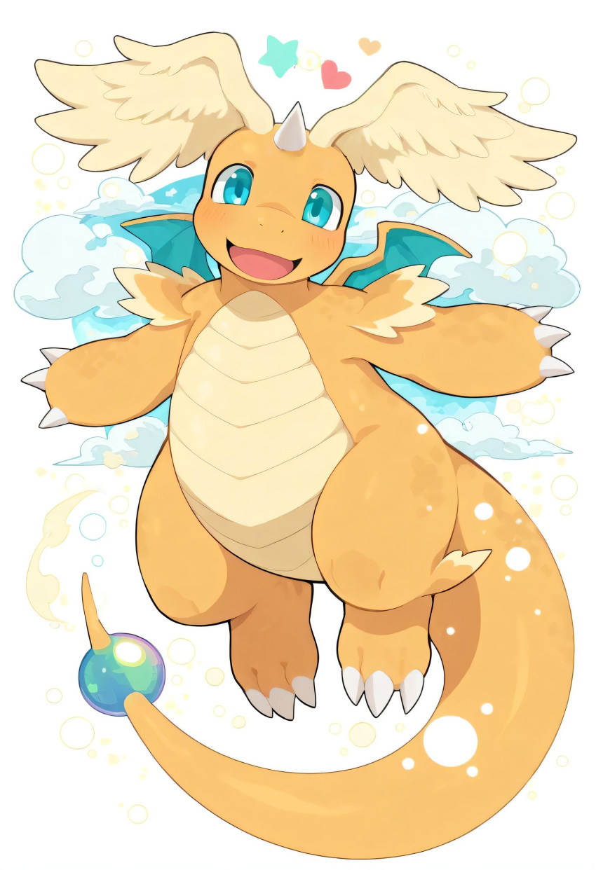 absurdres, blue_eyes, claws, dragonite, feathered_wings, flying, full_body, happy, head_wings, heart, highres, horns, ling_ling_shengye, mega_dragonite, mega_pokemon, no_humans, open_mouth, pokemon, pokemon_(creature), pokemon_focus, pokemon_legends:_z-a, single_horn, smile, solo, tail, wings