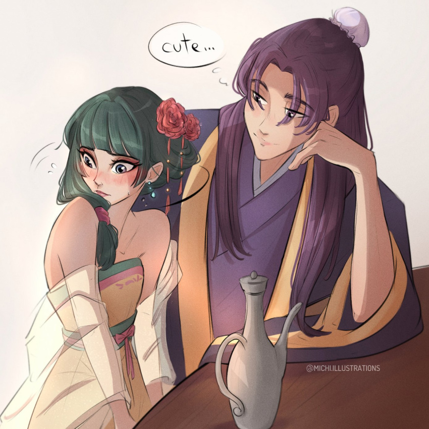 1boy, 1girl, bare_shoulders, blunt_bangs, blush, bun_cover, closed_mouth, commentary