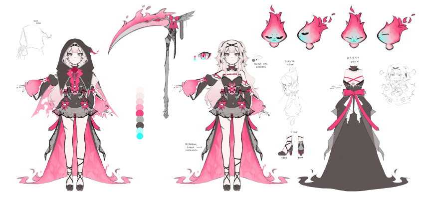 1girl, absurdres, artist_request, black_dress, black_hood, black_shoes, dress, grey_eyes, hair_ornament, high_heels, highres, indie_virtual_youtuber, looking_at_viewer, official_art, red_eyes, reference_sheet, scythe, shoes, smile, solo, tori_oriane, virtual_youtuber, white_hair, x_hair_ornament
