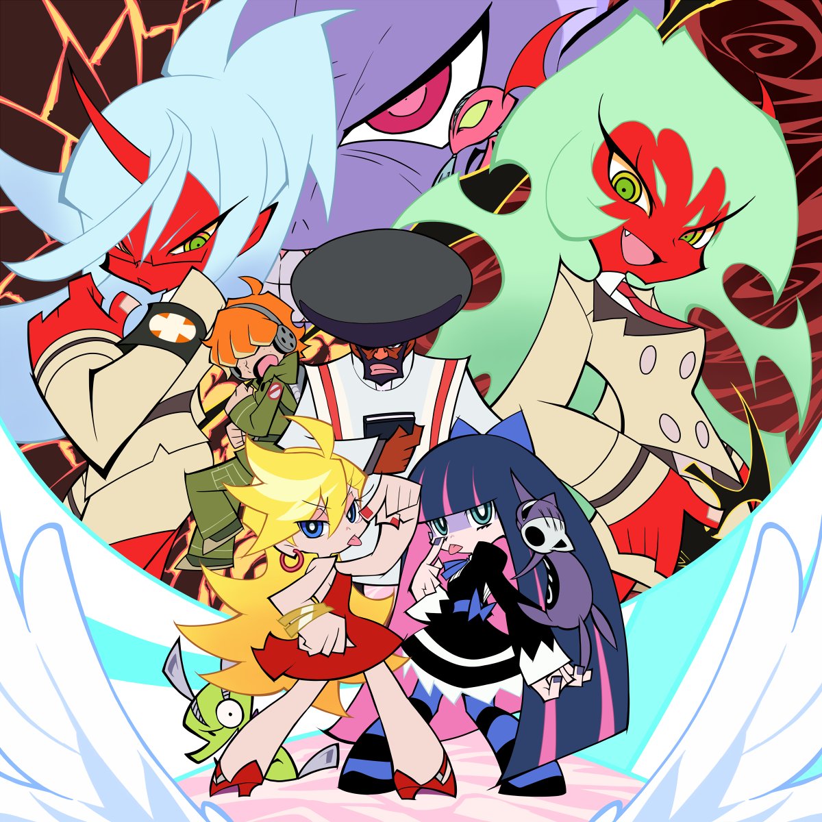 3boys, 4girls, :p, afro, angel_wings, aqua_eyes, armband, back_bow
