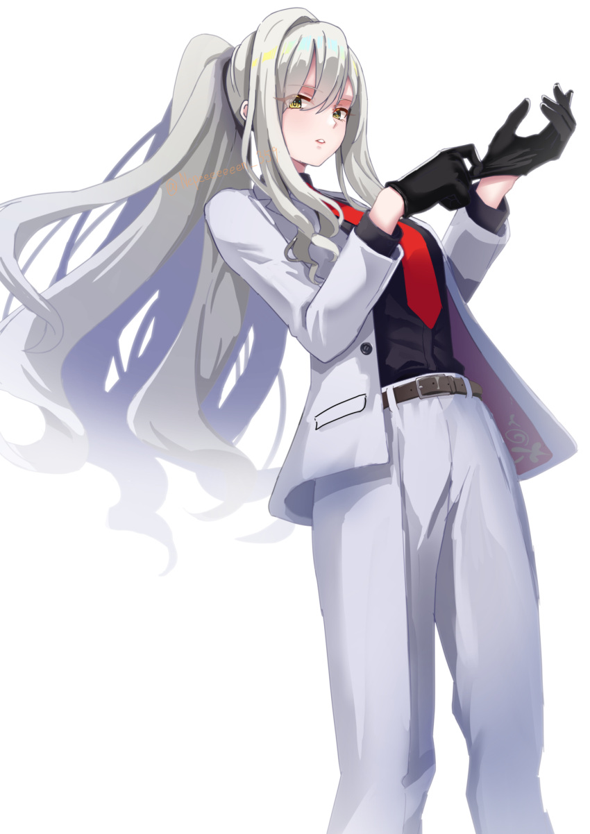 1girl, belt, black_gloves, breasts, brown_belt, cowboy_shot, formal_clothes, gloves