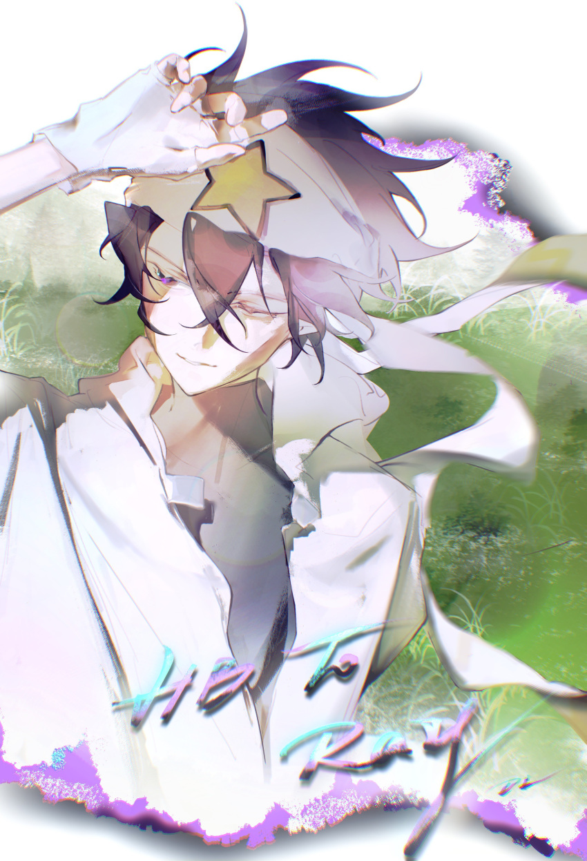 1boy, absurdres, aotu_world, bandana, black_hair, black_shirt, character_name, chinese_commentary