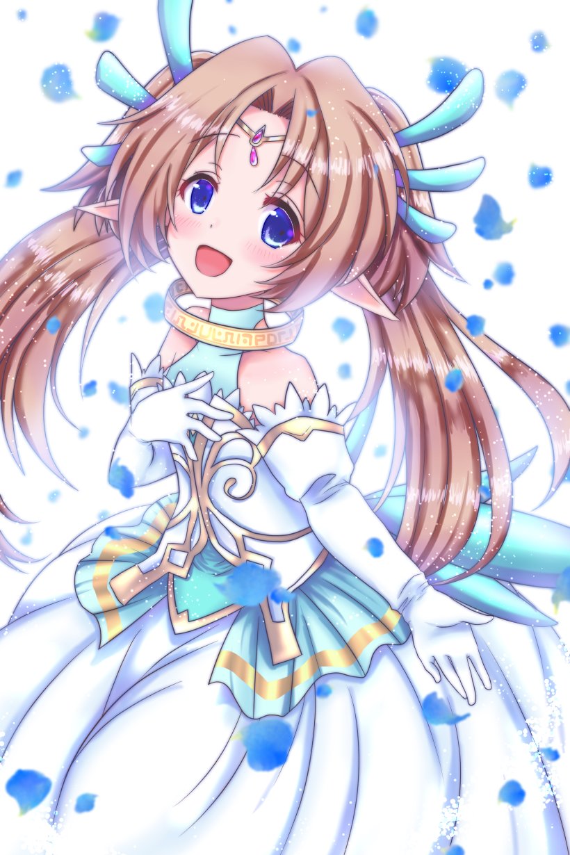1girl, bare_shoulders, blue_eyes, brown_hair, collar, dress, elbow_gloves, emil_chronicle_online, gloves, green_wings, highres, long_hair, pepeko_pekopeko, pointy_ears, seahorse_alma, sleeveless, sleeveless_dress, twintails, two-tone_dress, white_dress, white_gloves, wings