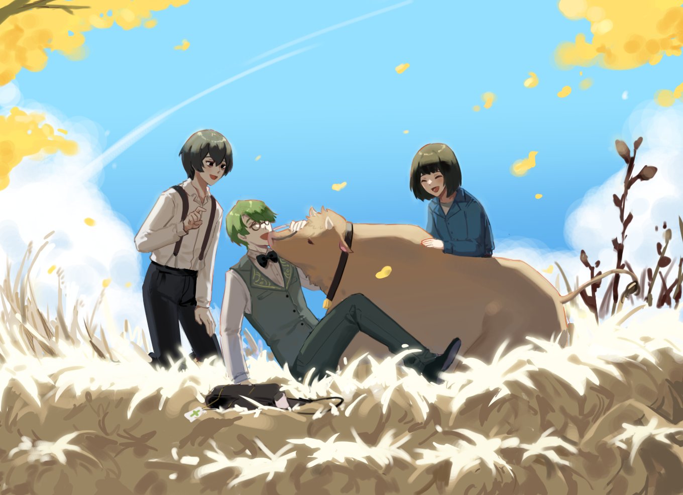 1girl, 2boys, animal, bag, black_hair, blue_shirt, blue_sky, bow