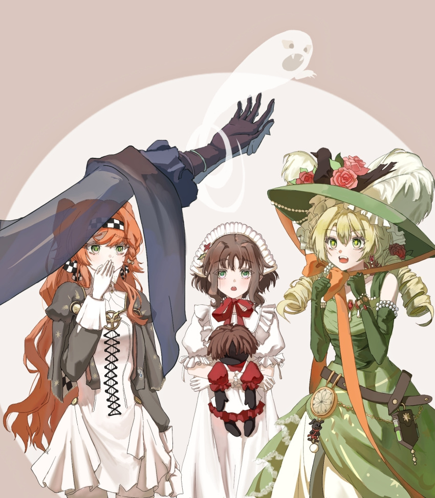 1boy, 3girls, a_knight_(reverse:1999), apron, armlet, bare_shoulders, bars, bead_armlet