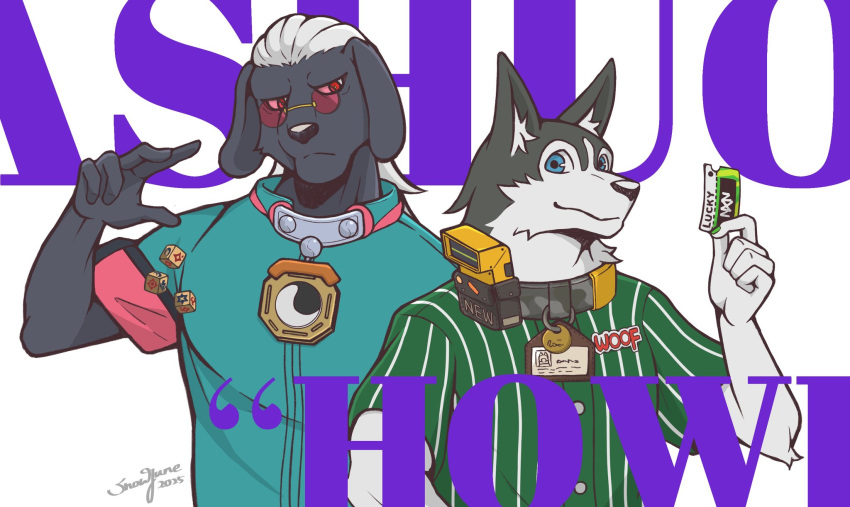 2boys, a-shuo_(zenless_zone_zero), animal_ears, artist_name, blue_eyes, blue_shirt, character_name, closed_mouth