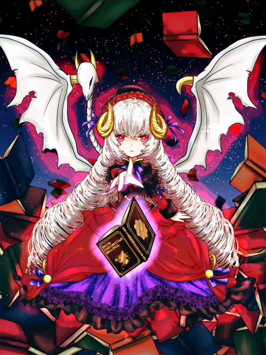 1girl, blue_dress, book, demon_girl, demon_horns, demon_wings, dress, drill_hair