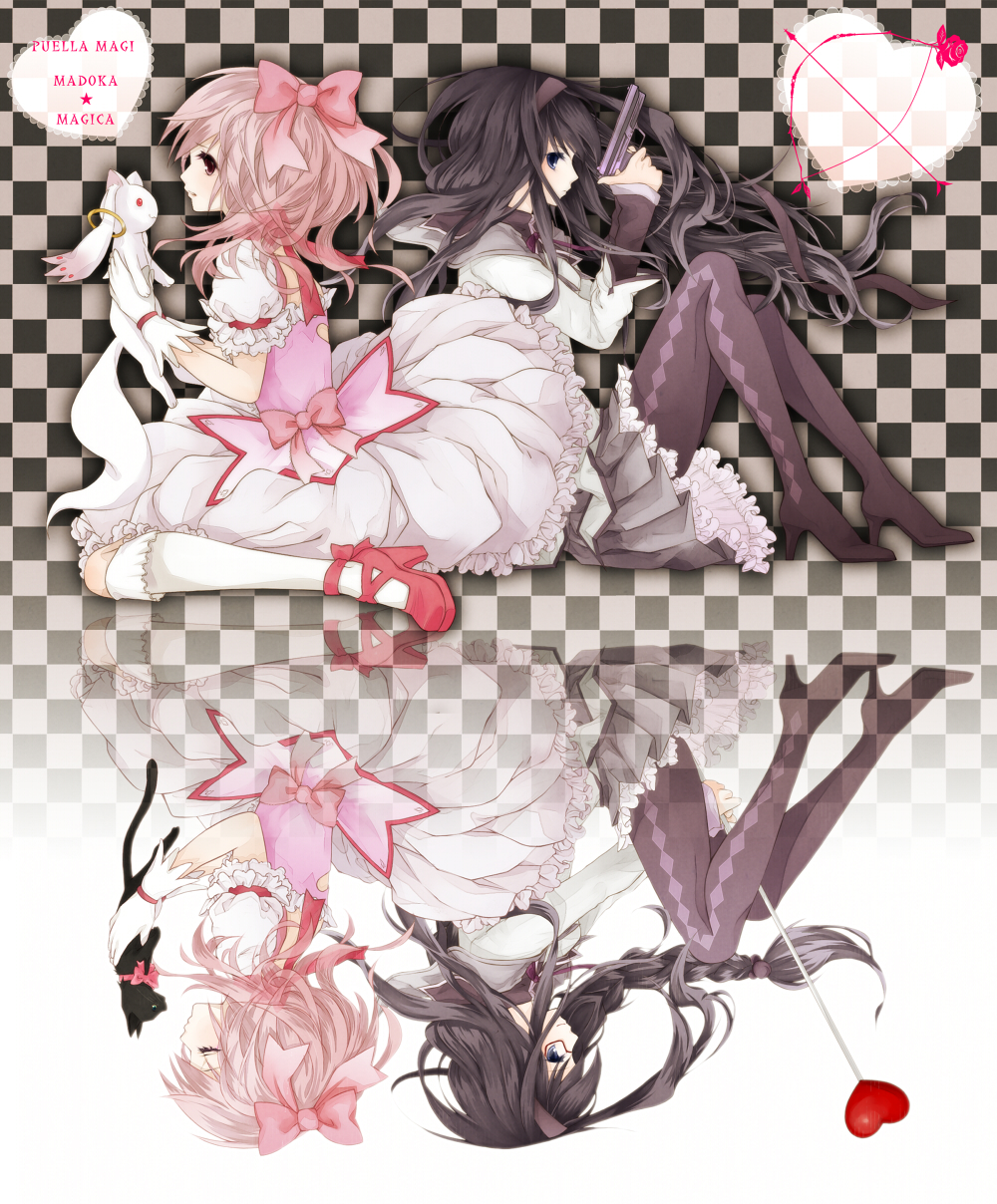 akemi_homura, amy_(madoka_magica), black_eyes, black_hair, black_legwear, blue_eyes, braid, bubble_skirt, cat, checkered, checkered_background, closed_eyes, creature, dress, dual_persona, eyes_closed, floating_hair, flower, frills, gaika, glasses, gloves, gun, hairband, handgun, heart, highres, kaname_madoka, kneehighs, kyubey, long_hair, magical_girl, mahou_shoujo_madoka_magica, mary_janes, multiple_girls, pantyhose, pink_hair, purple_eyes, red-framed_glasses, red_eyes, red_rose, ribbon, rose, shoes, short_hair, sitting, spoilers, title_drop, upside-down, violet_eyes, wand, weapon, white_gloves, white_legwear