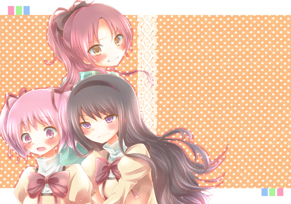 akemi_homura, black_hair, blush, clenched_teeth, eik0, hairband, kaname_madoka, long_hair