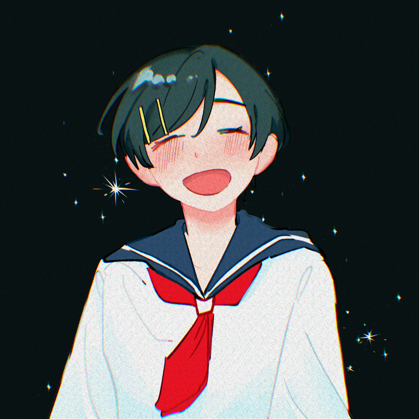 1girl, :d, absurdres, alternate_costume, black_background, blue_sailor_collar, blush, closed_eyes