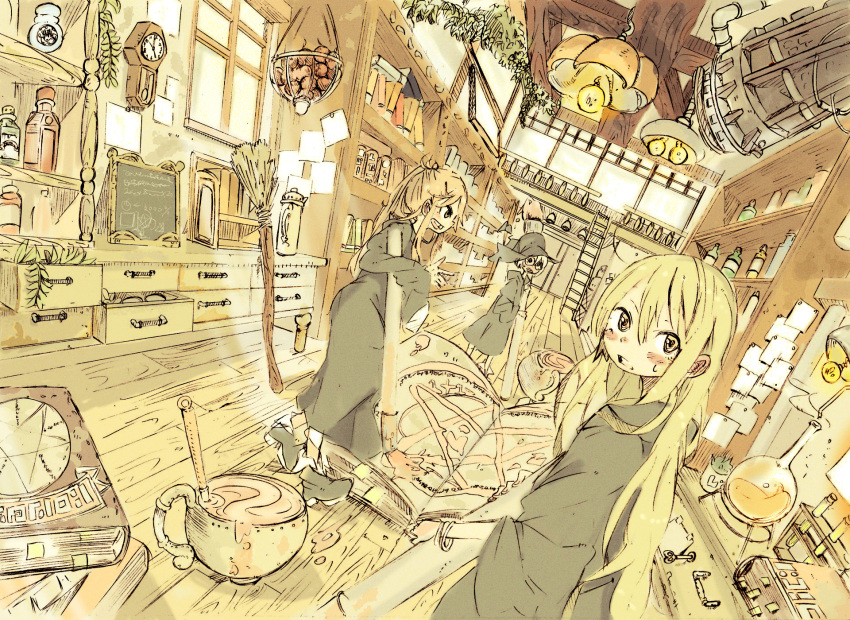 blonde_hair, book, clock, glasses, highres, magic_circle, multiple_girls, nagaoka_taichi