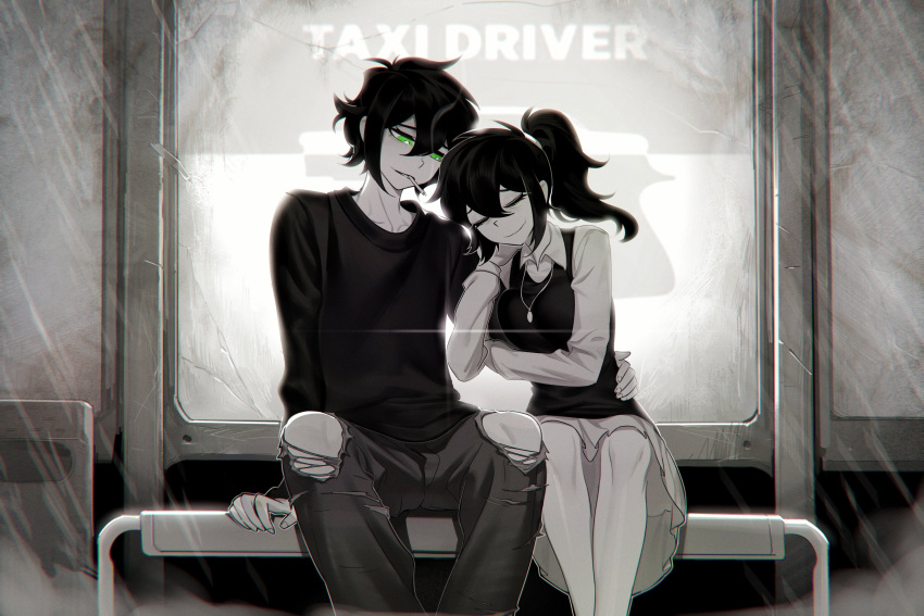 1boy, 1girl, absurdres, aierlaobo, andrew_graves, arm_hug, black_hair, black_sweater, cigarette, closed_eyes, collarbone, collared_shirt, denim, dress, green_eyes, highres, jeans, long_hair, long_sleeves, mother_and_son, outdoors, pants, ponytail, renee_graves, shirt, short_hair, sitting, skirt, sleeveless, sleeveless_sweater, smile, smoking, solo, standing, sweater, taxi_driver, the_coffin_of_andy_and_leyley, torn_clothes, torn_jeans, torn_pants, white_shirt