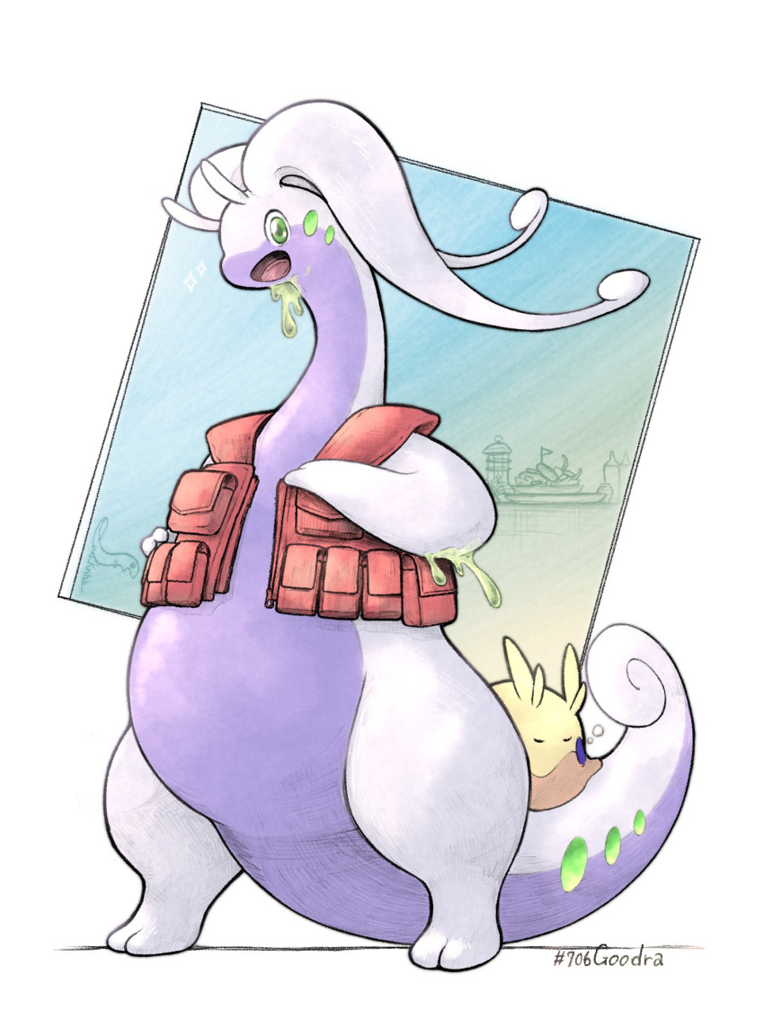 :d, alternate_color, assault_vest_(pokemon), closed_eyes, clothed_pokemon, full_body, goodra, goomy