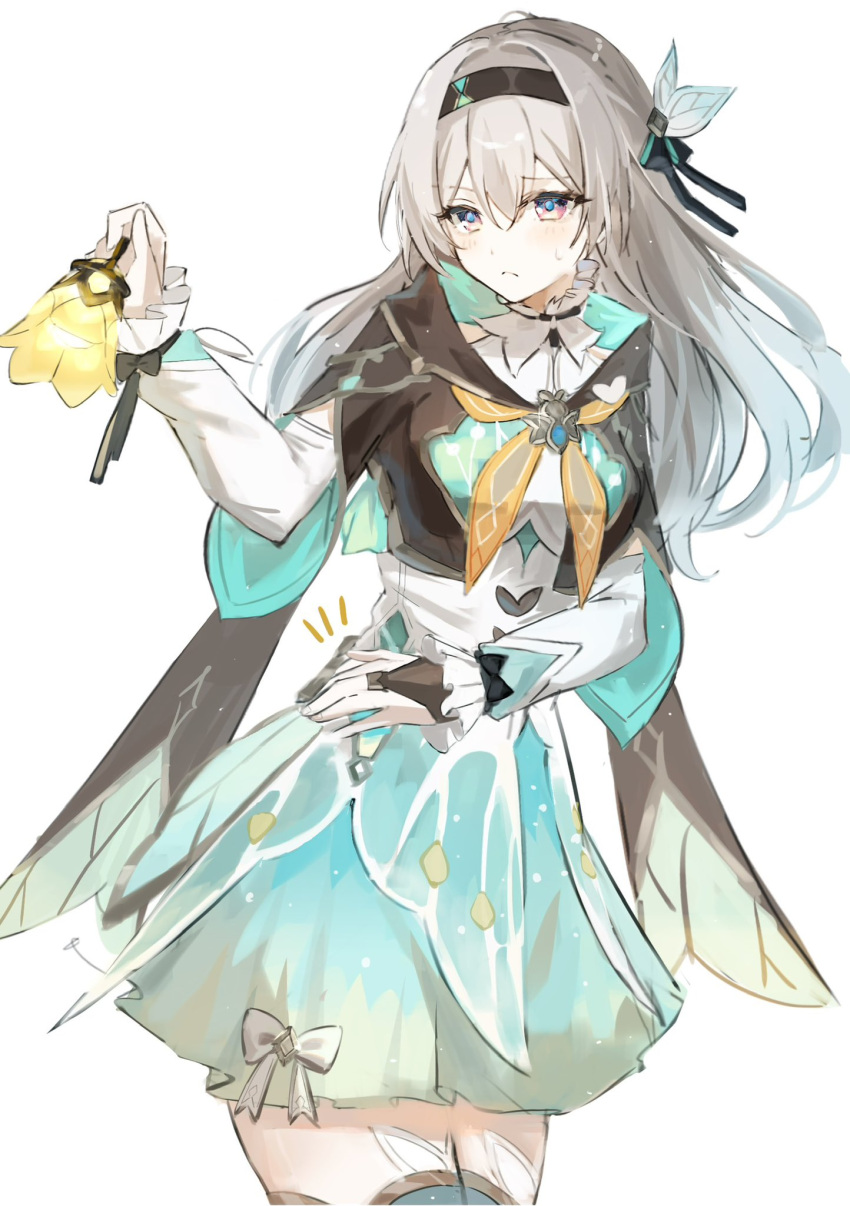 1girl, aqua_dress, aqua_skirt, aqua_thighhighs, blue_pupils, blue_ribbon, blush, bridal_gauntlets