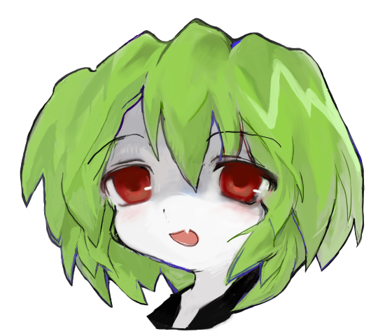 1girl, 8eyes, blush, colored_skin, fang, green_hair, greengirl_(8eyes), open_mouth, rabbitmaidensoftworks, red_eyes, short_hair, skin_fang, smile, solo, white_skin, yogurt200