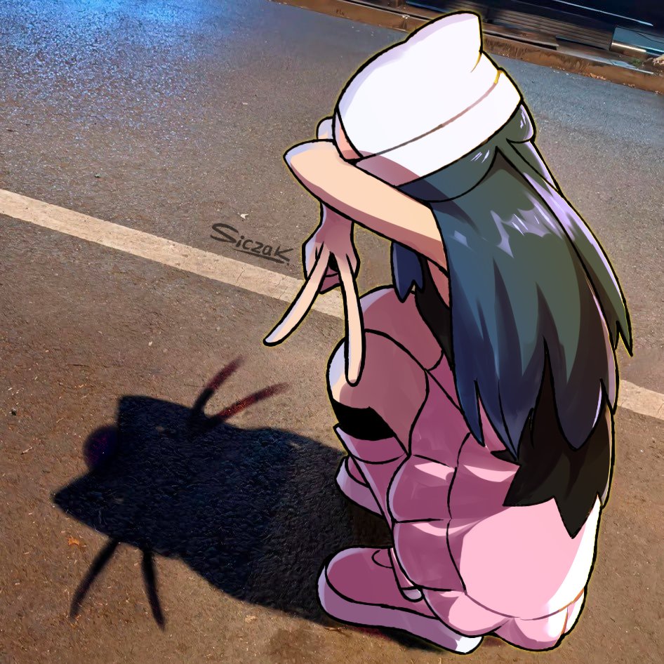 1girl, arms_up, artist_name, beanie, black_hair, boots, cat_shadow_puppet_(meme), crossed_arms