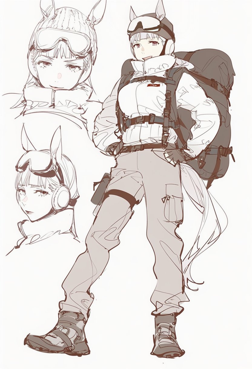 1girl, alternate_costume, animal_ears, backpack, bag, boots, earmuffs, full_body, gloves, goggles, goggles_on_head, gold_ship_(umamusume), hand_on_own_hip, highres, horse_ears, horse_girl, horse_tail, jacket, kisaragi_shokuin, long_hair, looking_at_viewer, monochrome, multiple_views, open_mouth, simple_background, solo, tail, umamusume, white_background, winter_clothes