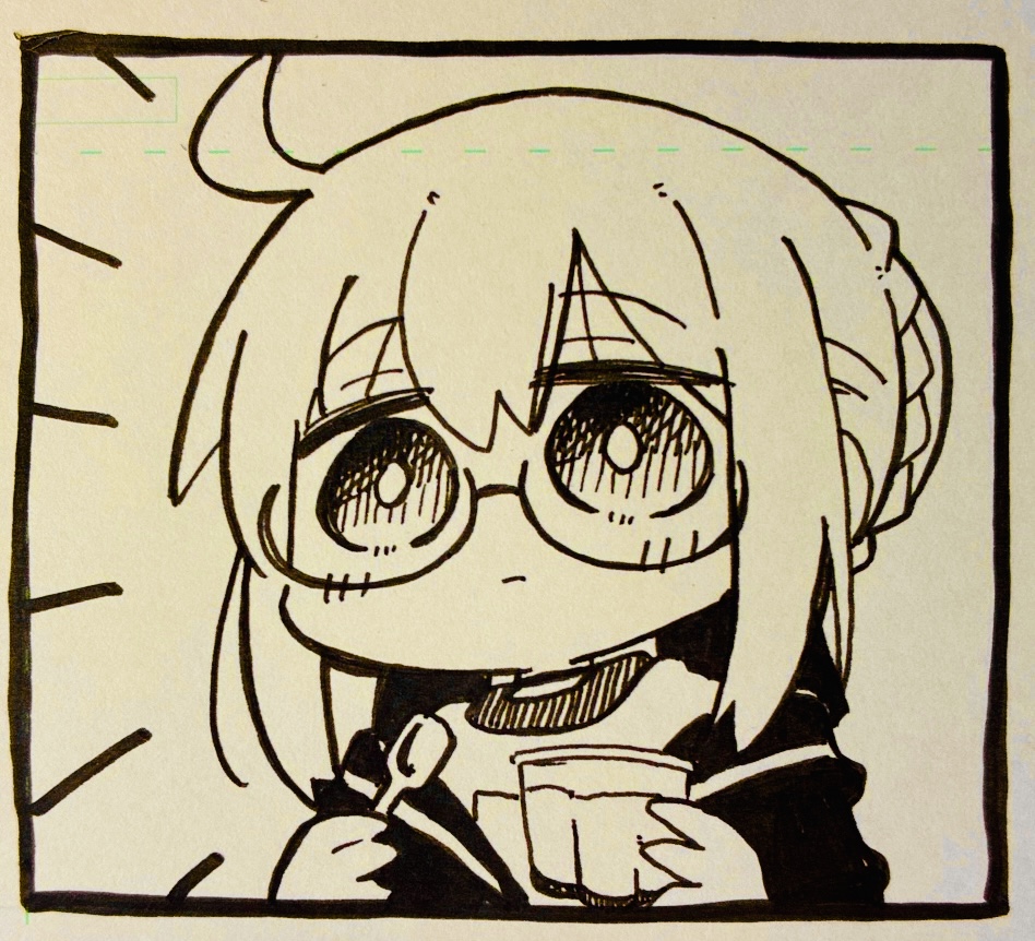 1girl, ahoge, artoria_pendragon_(fate), braid, chibi, closed_mouth, cup, disposable_cup, fate/grand_order, fate_(series), glasses, gym_shirt, hair_between_eyes, hair_bun, holding, holding_cup, holding_spoon, jacket, kasuga_yuuki, monochrome, mysterious_heroine_x_alter_(fate), open_clothes, open_jacket, plastic_spoon, shirt, solo, spoon, traditional_media, upper_body