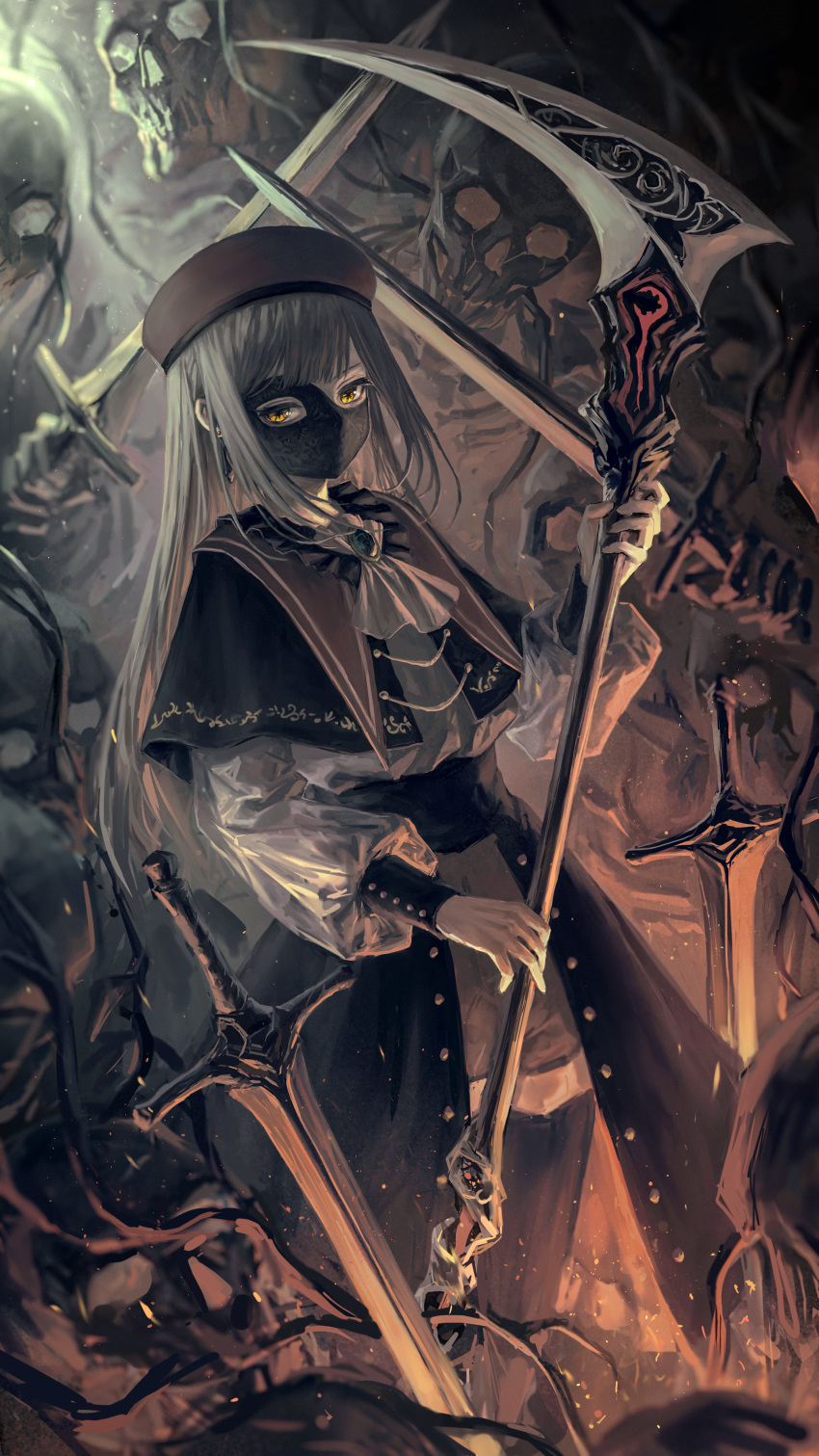 1girl, absurdres, antitankhiyoko, bang_dream!, bang_dream!_it's_mygo!!!!!, beret, black_capelet, black_collar, black_overskirt, black_pantyhose, black_sleeve_cuffs, blurry, brambles, brown_hat, brown_shorts, capelet, collar, commentary, covered_mouth, cowboy_shot, depth_of_field, earrings, english_commentary, frilled_collar, frills, green_brooch, grey_brooch, grey_hair, grey_shirt, hand_up, hat, highres, holding, holding_scythe, holding_sword, holding_weapon, jewelry, long_hair, long_sleeves, looking_at_viewer, mask, mortis_(bang_dream!), mortis_(costume)_(bang_dream!), mouth_mask, muted_color, orange_light, overskirt, pantyhose, pantyhose_under_shorts, plant, planted, planted_sword, puffy_long_sleeves, puffy_sleeves, scythe, shirt, shorts, skeleton, solo, standing, sword, vines, wakaba_mutsumi, weapon, yellow_eyes