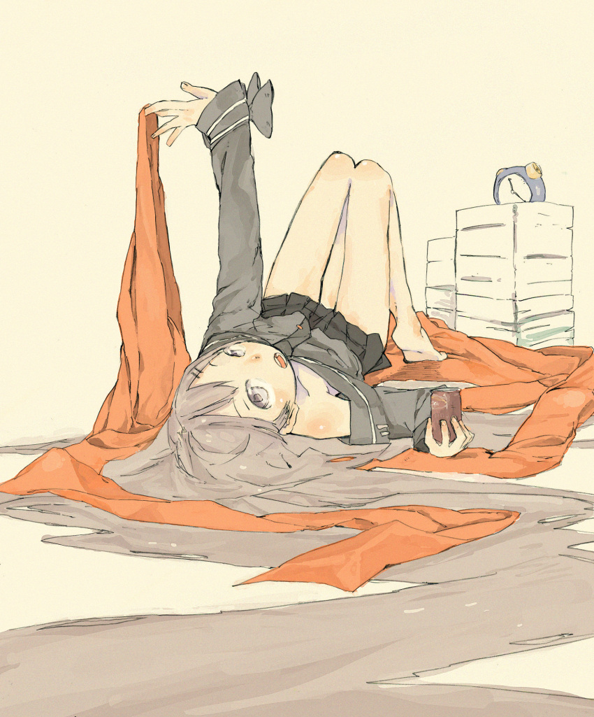 clock, grey_eyes, grey_hair, highres, long_hair, lying, miniskirt, mizu_denpa