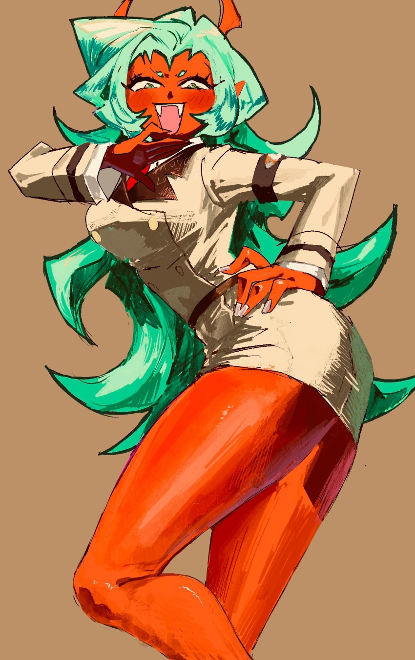1girl, armband, blush, cairngorm999, colored_skin, demon_girl, demon_horns, fangs, green_hair, highres, horns, laughing, long_sleeves, looking_at_viewer, looking_down, necktie, ojou-sama_pose, panty_&amp;_stocking_with_garterbelt, pointy_ears, red_skin, scanty_(psg), skirt, solo