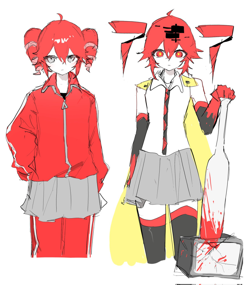 2girls, ahoge, ambassador_(synthesizer_v), black_gloves, blood, blood_on_gloves, blood_on_weapon, closed_mouth