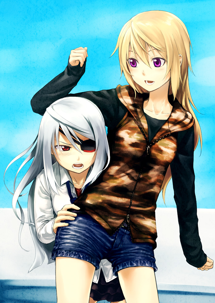 alternate_hairstyle, blonde_hair, casual, charlotte_dunois, denim, denim_shorts, double-trigger, eyeball