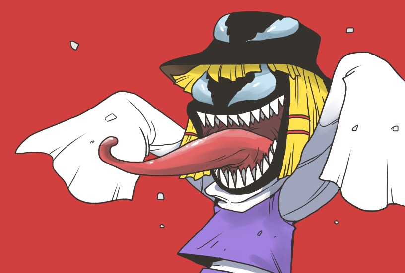 1girl, blonde_hair, commentary_request, hair_ribbon, marvel, moriya_suwako, onikobe_rin, open_mouth