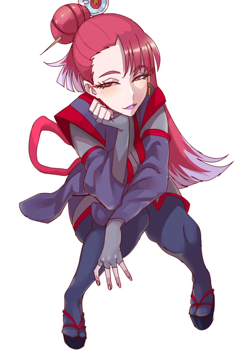 1girl, black_leggings, black_sandals, black_sleeves, colored_tips, detached_sleeves, fingerless_gloves, gloves