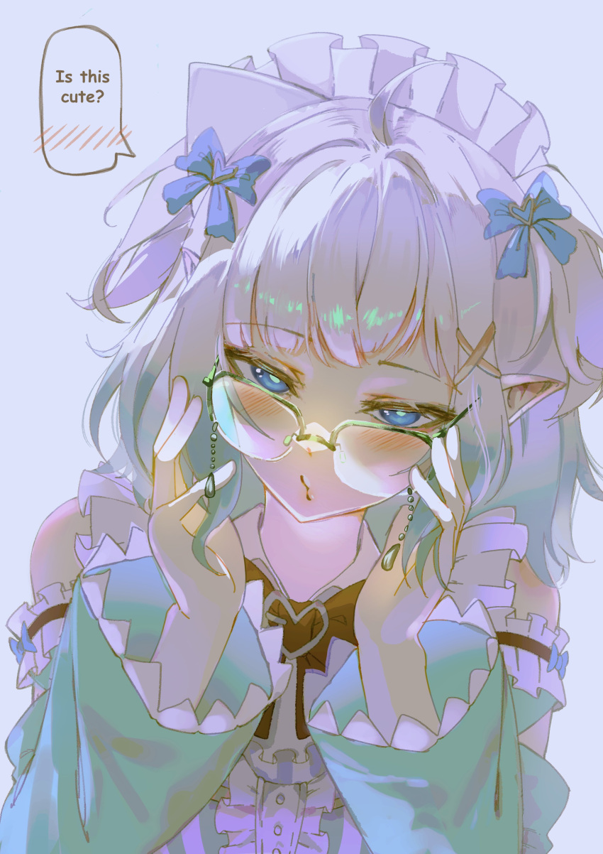 1girl, absurdres, aqua_dress, aqua_sleeves, blue_eyes, closed_mouth, detached_sleeves, dress, glasses, green_hair, hair_ornament, highres, indie_virtual_youtuber, insfidelie, looking_at_viewer, maid_headdress, mint_fantome, mint_fantome_(minto_2.0), short_hair, solo, virtual_youtuber, white_hair, white_headdress, x_hair_ornament