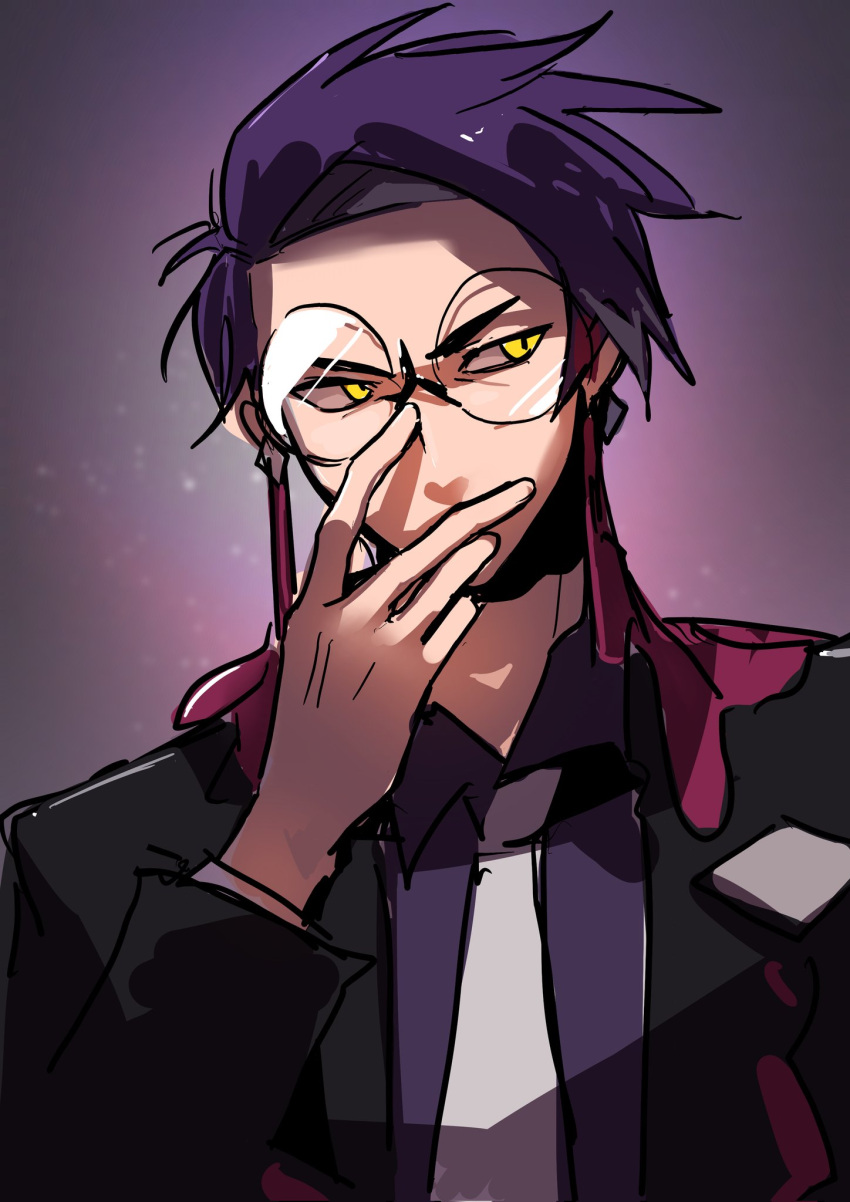 1boy, black_jacket, collared_shirt, corbeau_(pokemon), glasses, hand_on_own_face, highres, jacket, layered_sleeves, looking_to_the_side, male_focus, meng78811585, necktie, open_clothes, open_jacket, parted_bangs, pokemon, pokemon_legends:_z-a, purple_hair, purple_shirt, round_eyewear, shirt, short_hair, sideways_glance, solo, upper_body, white_necktie, wing_collar, yellow_eyes