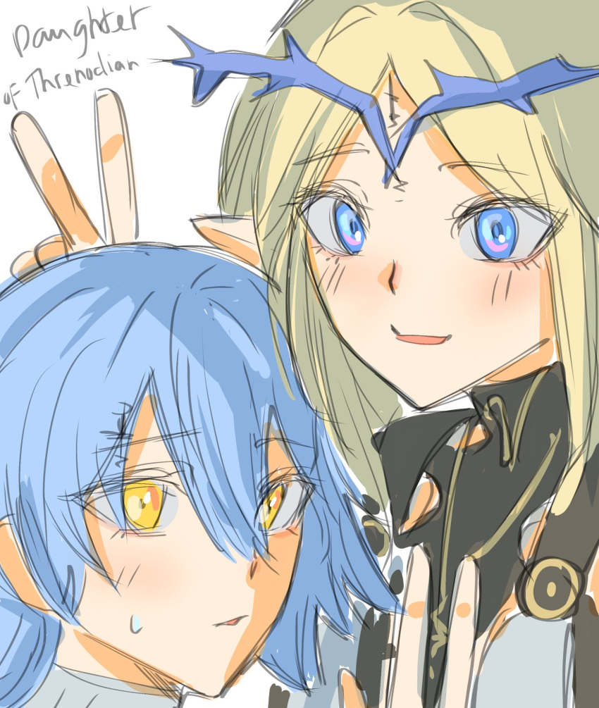 .osari, 2girls, black_collar, blonde_hair, blue_eyes, blue_hair, bunny_ears_prank, cartethyia_(wuthering_waves), collar, commentary, crown_of_thorns, english_commentary, highres, jewelry, long_hair, looking_at_viewer, multiple_girls, mya_(wuthering_waves), necklace, pointy_ears, smile, tacet_mark_(wuthering_waves), v, wuthering_waves, yellow_eyes