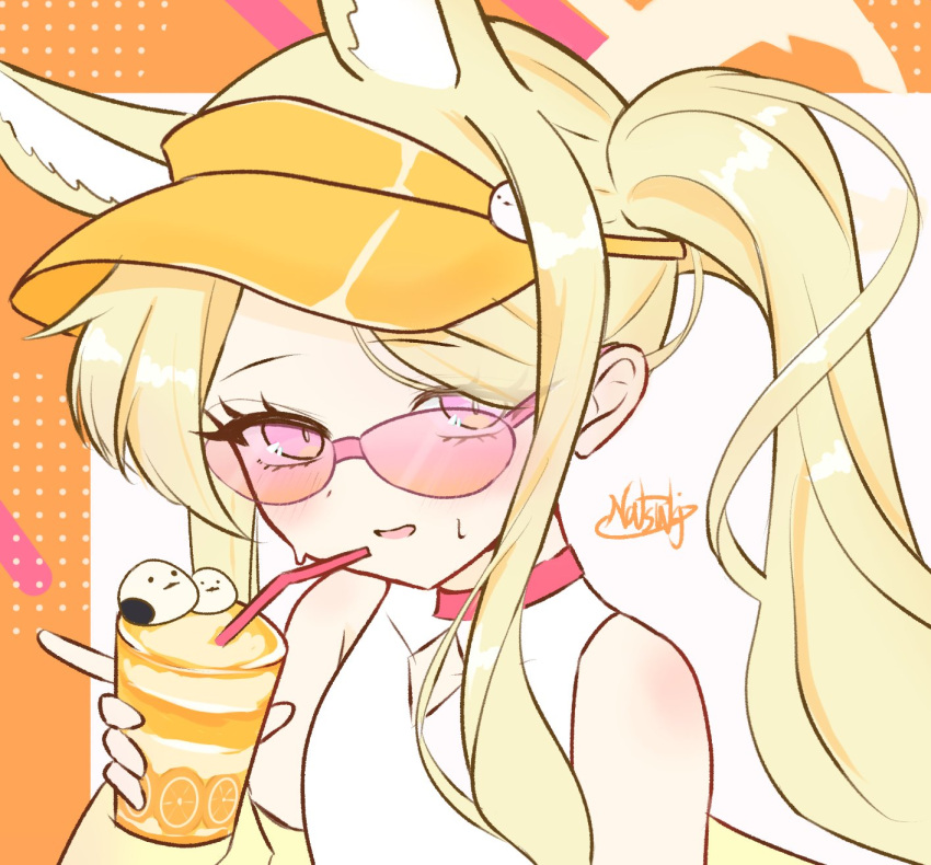 1girl, animal_ear_fluff, animal_ears, bare_shoulders, blonde_hair, blue_archive, blush, breasts