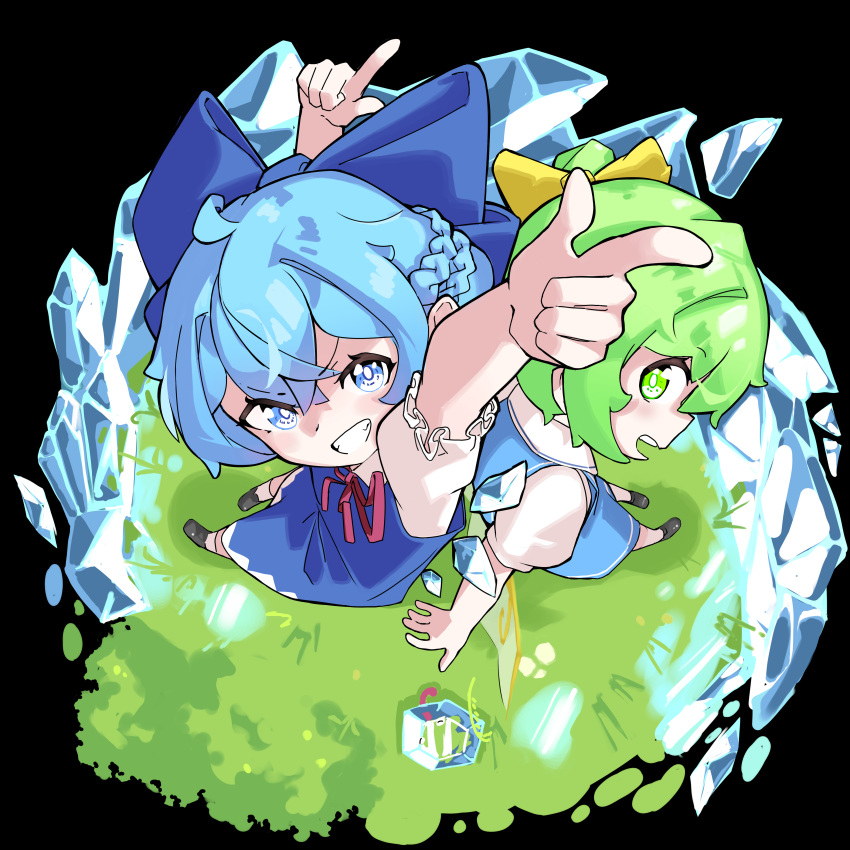 2girls, absurdres, arms_up, bat_krub, black_background, black_shoes, blue_bow, blue_dress