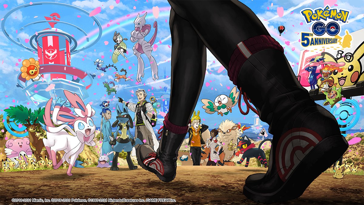 aircraft, anniversary, arcanine, backpack, bag, billboard, black_boots, black_gloves
