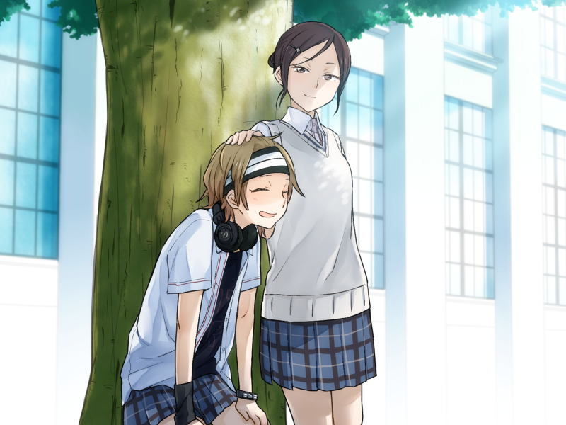 2girls, ariu_aki, black_shirt, blue_skirt, bracelet, brown_eyes, brown_hair, closed_eyes