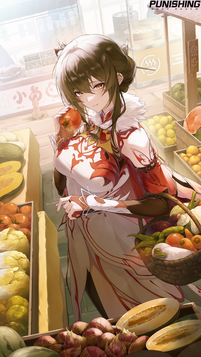 1girl, absurdres, alternate_costume, basket, bell_pepper, birthday, black_hair, breasts, carrot, china_dress, chinese_clothes, dress, food, fruit, green_bell_pepper, hair_ornament, hairpin, hanying:_solacetune_(pgr), hanying_(pgr), highres, holding, holding_basket, holding_food, large_breasts, looking_at_viewer, market, market_stall, melon, official_alternate_costume, official_art, punishing:_gray_raven, smile, solo, tomato, watermelon, yellow_eyes