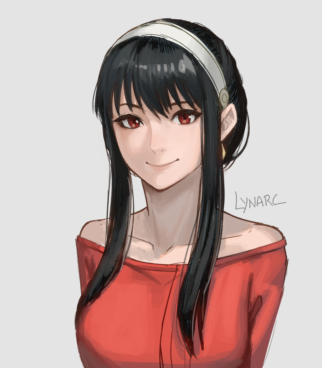 1girl, artist_name, bare_shoulders, black_hair, closed_mouth, collarbone, earrings, hairband