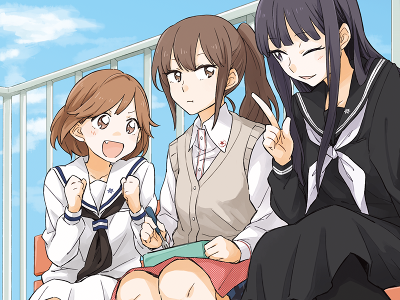 3girls, bento, black_hair, black_neckerchief, black_sailor_collar, black_serafuku, black_shirt, blue_sky