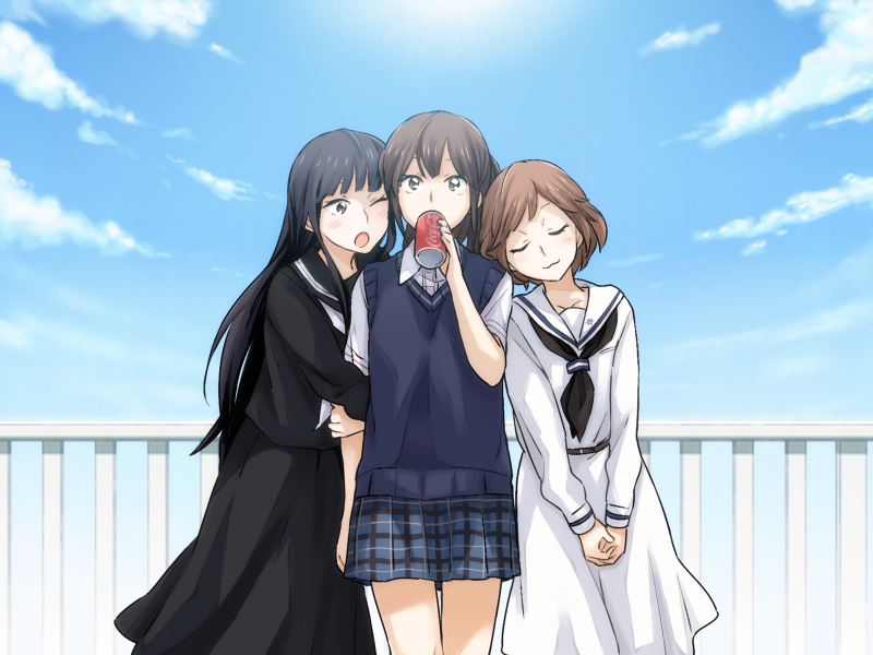 3girls, arm_up, black_hair, black_neckerchief, black_serafuku, black_shirt, black_skirt, blue_sky