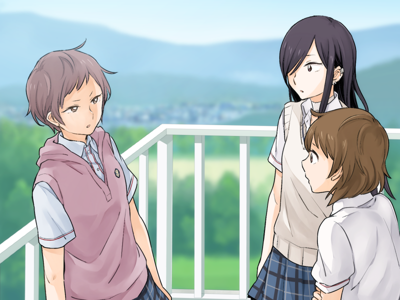 3girls, black_hair, blue_skirt, brown_eyes, brown_hair, collared_shirt, day, earclip