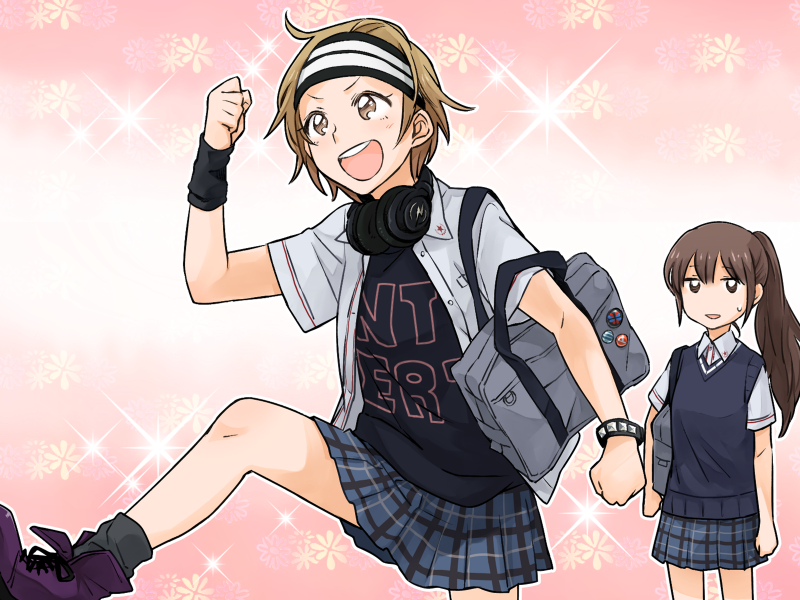 2girls, bag, black_shirt, black_socks, black_sweater_vest, blue_skirt, bracelet, brown_eyes