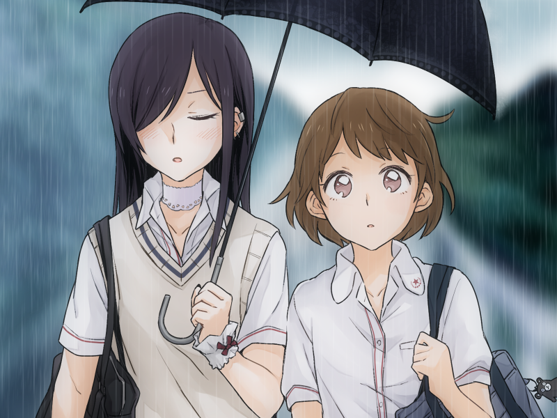 2girls, bag, black_umbrella, blush, brown_eyes, brown_hair, choker, closed_mouth