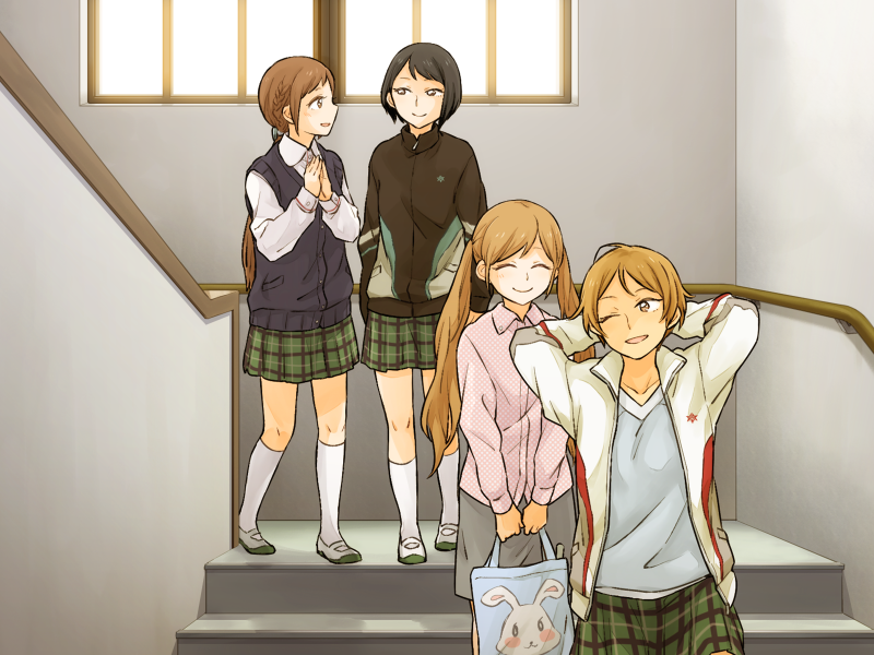 4girls, aihara_miki, amishima_matsuri, arms_up, bag, black_hair, black_jacket, black_sweater_vest