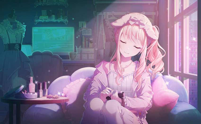 1other, akiyama_mizuki, bow, camisole, candy, chair, closed_eyes, closed_mouth