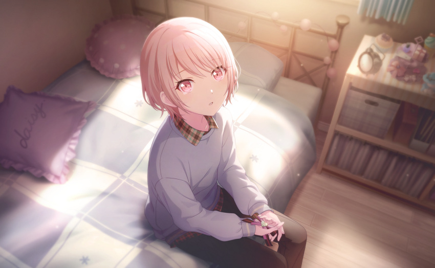 1other, akiyama_mizuki, akiyama_mizuki_(middle_school), alarm_clock, bed, black_pants, clock, colorful_palette