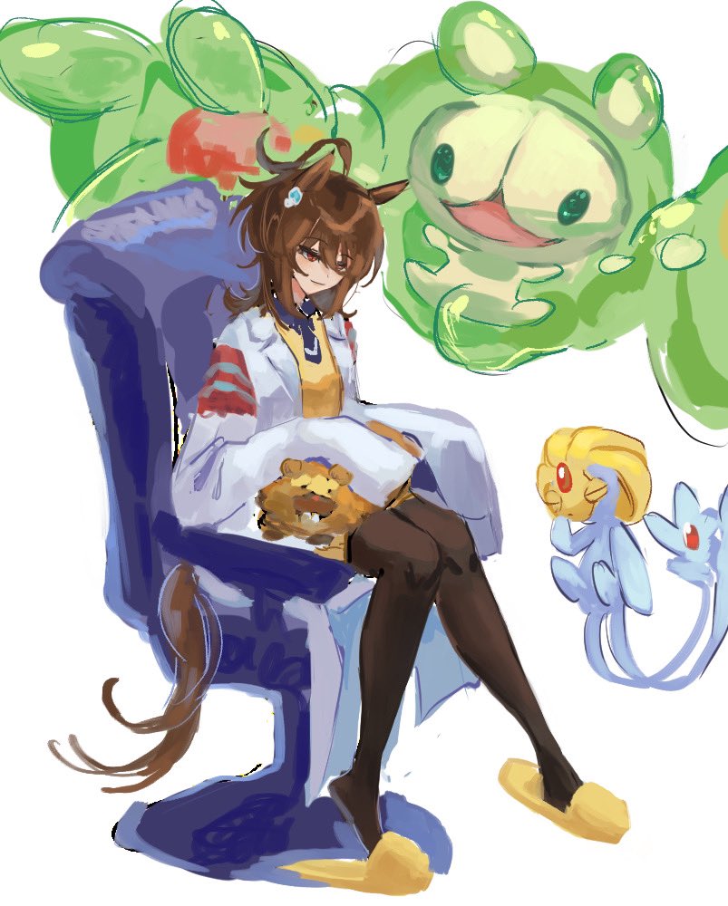 1girl, agnes_tachyon_(umamusume), ahoge, animal_ears, bidoof, brown_hair, chachaboshi, chair